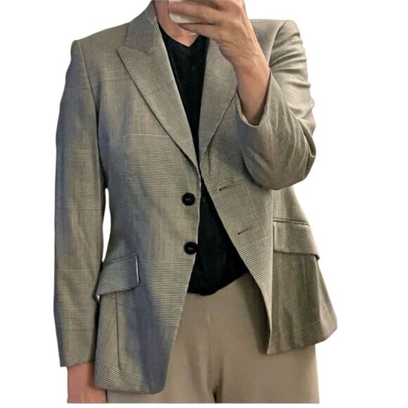 Escada plaid blazer Windowpane Black White Classic Wool Single Breast 42 L - Picture 3 of 16